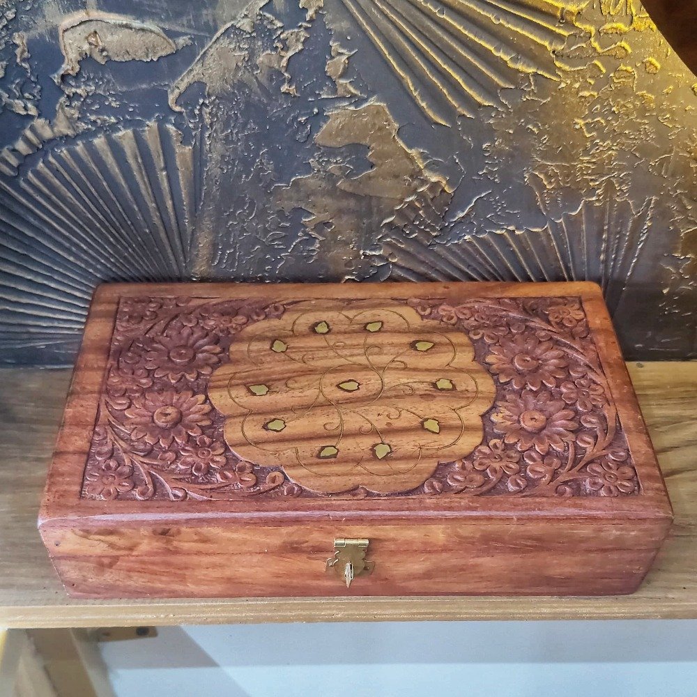 Wooden Carved Jewellery Trinket Box with Brass Inlay Design thumbnail 1